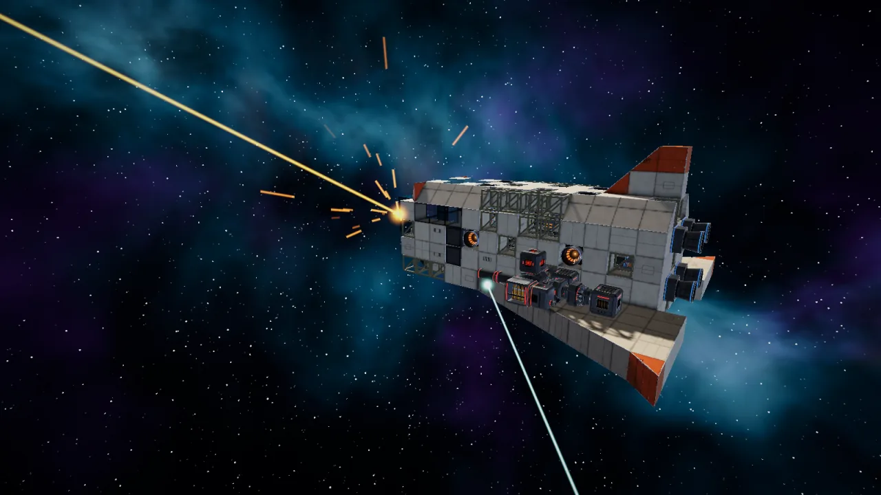 A block-built fighter taking a cannon hit, sparks flying, while its tool beam fires