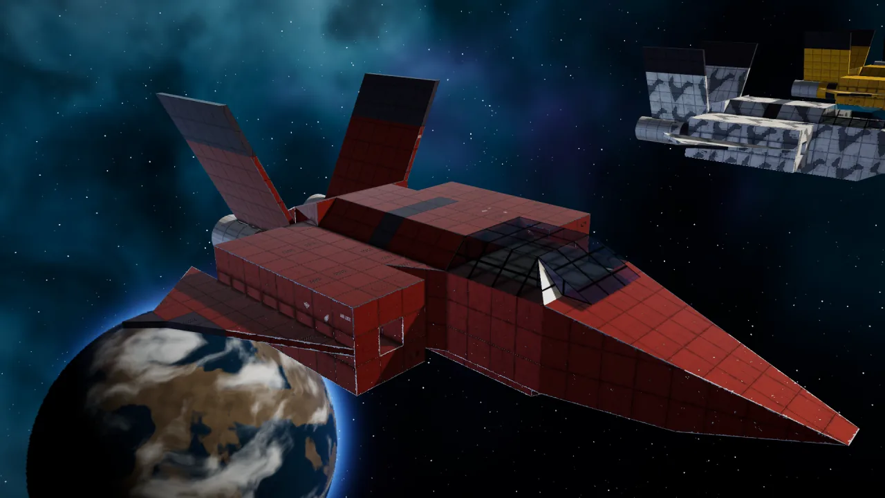 A block-built fighter in red pirate livery above a planet, two more liveried ships behind it