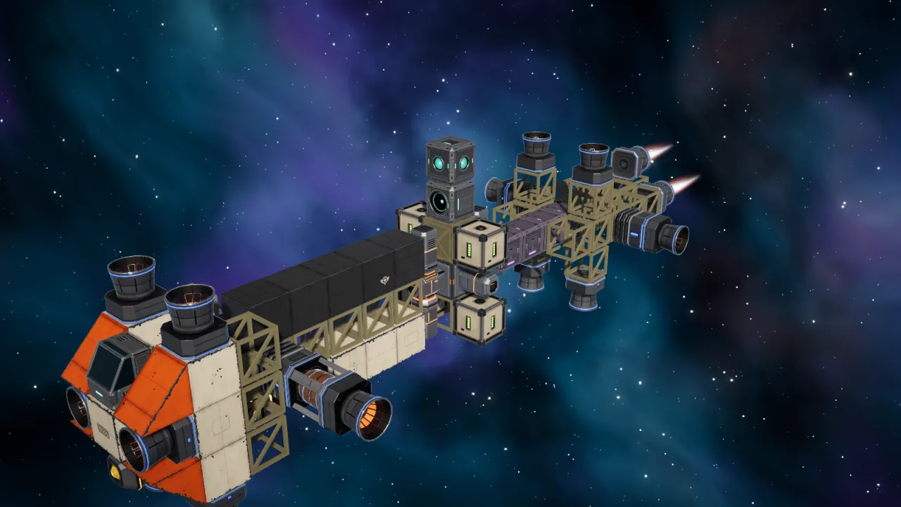 The Starter Miner: an open truss frame, cargo blocks and an orange cockpit nose with thrusters